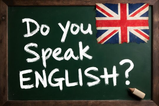 "Do you speak English?" written on a blackboard with a British flag.