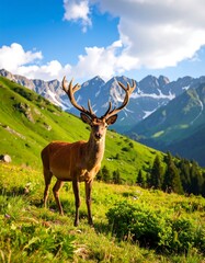 Obraz premium Majestic Deer in Mountain Meadow Landscape