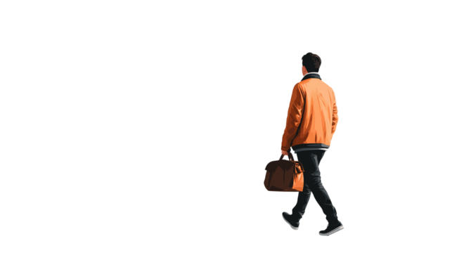 Casual man with bag going to office, minimal background, stock photo style PNG