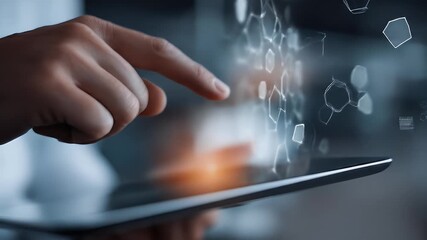 Hand on tablet with a digital molecular display - Powered by Adobe