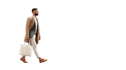 Business casual male with tote bag, modern urban professional, PNG