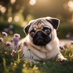 cute little pug on the grass