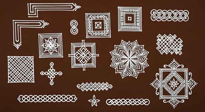 Collection of white chalk drawn traditional indian rangoli and kolam patterns, borders, and decorative elements on a brown background