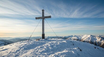 Cross standing on a snow-covered mountain peak under a bright blue sky with sun rays, serene winter landscape, realistic stock image, no text, no people