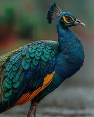 Obraz premium Elegant peacock showing majestic plumage in natural rainy scene high resolution photo