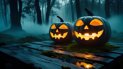 Two carved jack-o'-lantern pumpkins glowing with warm candlelight sit on an old wooden platform
