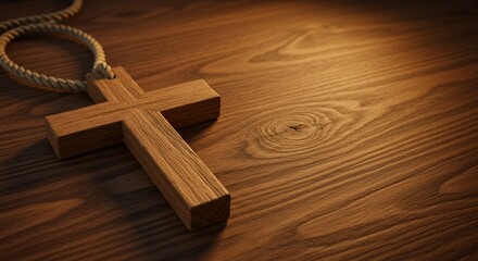 Obraz premium Close-up of handmade wooden cross with natural rope on rustic background, detailed texture, warm tones, realistic stock image, no text, no people