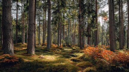 Naklejka premium The serene forest landscape featuring tall trees and vibrant autumn foliage.