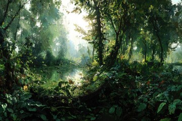 Obraz premium Lush, sunlit forest scene with a tranquil stream
