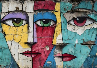 8. Cracked mural showing abstract faces on a neglected wall