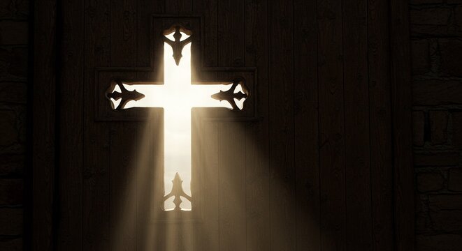 Light shining through a wooden cross cutout in an old church door, bright beam illuminating dark interior, dramatic lighting effect, realistic stock image, no text, no people