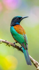 Naklejka premium Vibrant bird perched on branch, soft bokeh background