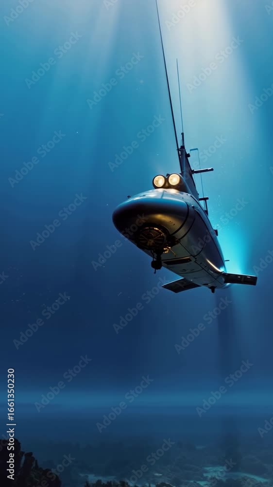 Poster a submersible exploring deep underwater, illuminated by soft beams of light in a tranquil ocean sett