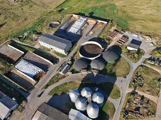 biogas production, biogas plants, bioenergy,aerial panorama landscape view of bio gas production...