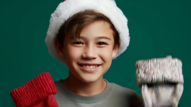 Smiling caucasian young male in santa hat holding knitted christmas stockings