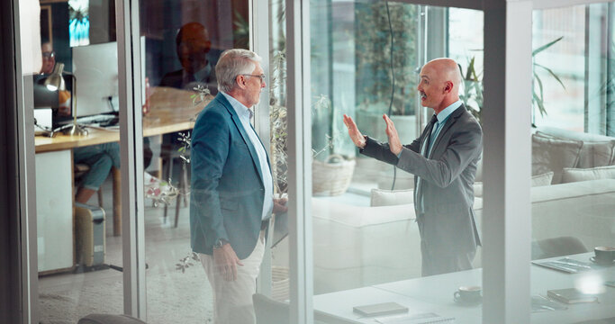 Business, men and stop argument in office with warning, prevent flight and dispute management. Mature people, male manager and mediation for problem solving, conflict resolution and staff compromise - Powered by Adobe