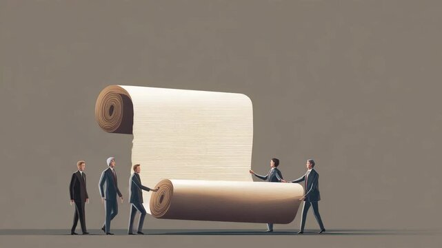 A group of men are pulling a large roll of paper. politicians lifting massive rolled up bill scroll together,One Big Beautiful Bill, satirical editorial illustration, close up
