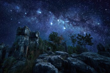 Night sky with Milky Way over rocky landscape