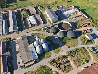 biogas production, biogas plants, bioenergy,aerial panorama landscape view of bio gas production...