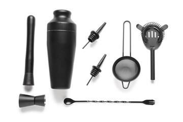 Modern bartender kit isolated on white background, closeup