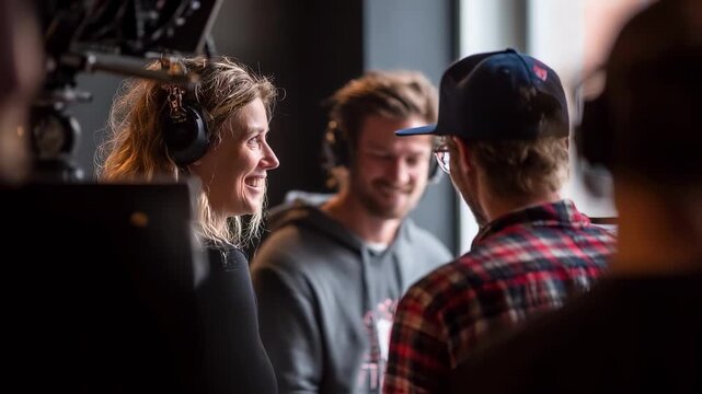 Creative film director engages with cast using playback review to refine emotional scenes and ensure storytelling impact during filming.