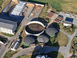 biogas production, biogas plants, bioenergy,aerial panorama landscape view of bio gas production...