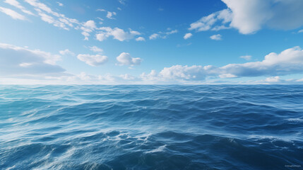 Photorealistic ocean horizon background, clear blue sky, soft waves, tropical vibe, natural sunlight