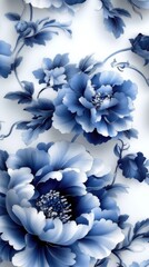 Elegant blue peonies pattern on white background with delicate leaves and petals