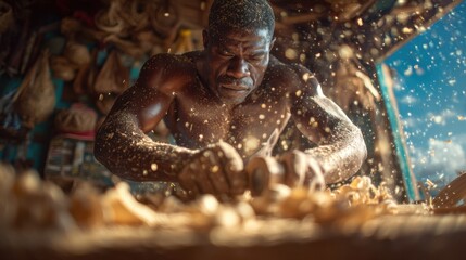 African male artisan crafting wood in sunlit workshop Caribbean-American Heritage Month