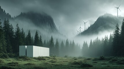 Misty forest with modern cabin and wind turbines in foggy mountain landscape