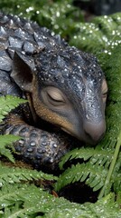 Realistic dinosaur sculpture in ferns with dew