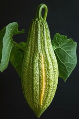 Close-up of a mature sponge gourd with green leaves on dark background for gardening design