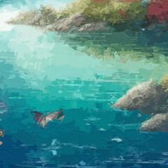 Various oil paintings, floral landscapes, forests, butterflies, lakes, waterfalls, roses, peonies, flowers, birds, and small streams