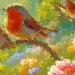 Various oil paintings, floral landscapes, forests, butterflies, lakes, waterfalls, roses, peonies, flowers, birds, and small streams