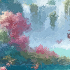 Various oil paintings, floral landscapes, forests, butterflies, lakes, waterfalls, roses, peonies, flowers, birds, and small streams