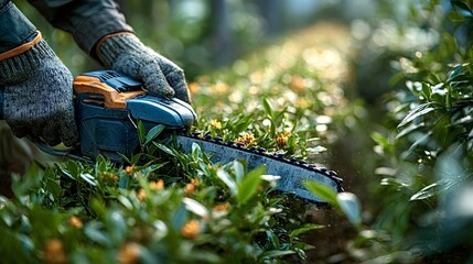 Gardener wearing gloves trims hedges with an electric saw, creating a clean and tidy garden under the bright sunlight of a beautiful day in spring or summer