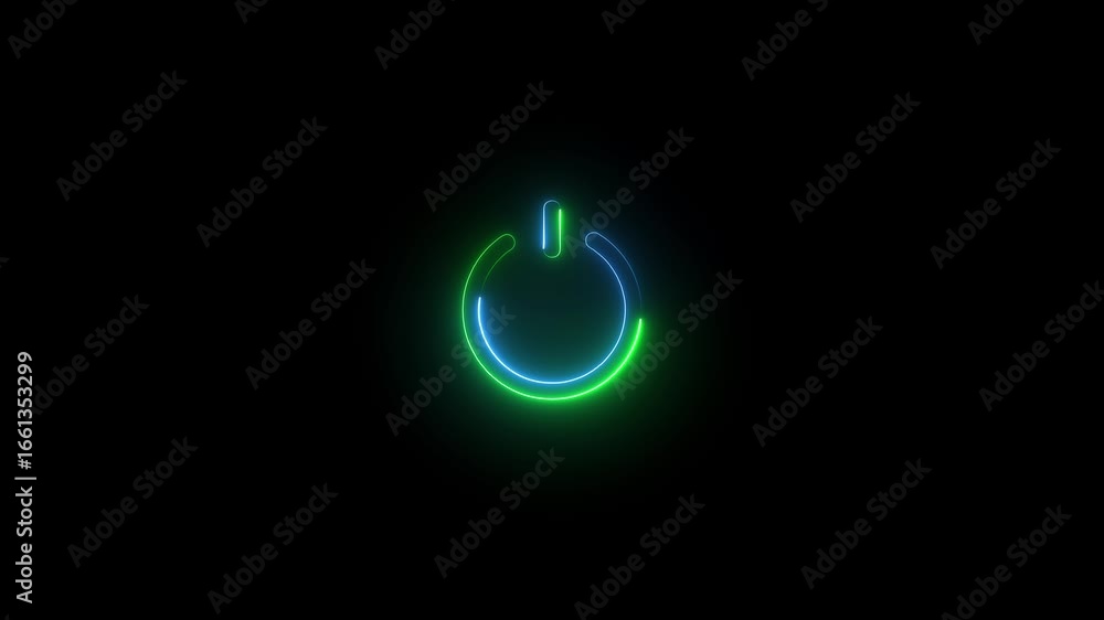 Poster ball moving animation glowing power button icon animated on a black background. neon light power but