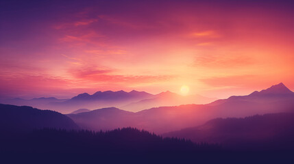 Fototapeta premium Mountain silhouette during golden sunset, warm orange and purple tones, glowing sky, soft light, dreamy atmosphere