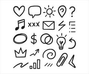 Hand Drawn Doodle Icon Set for Web Design and Creative Projects with Heart Speech Bubble Sun Map Marker and Question Mark