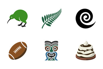 New Zealand culture symbols, fern frond and koru spiral, rugby ball and tiki mask, pavlova dessert, souvenir icons, vector clipart, heritage design, tourism graphics © BlackVault Designs