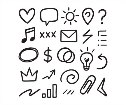Hand Drawn Doodle Icon Set for Web Design and Creative Projects with Heart Speech Bubble Sun Map Marker and Question Mark