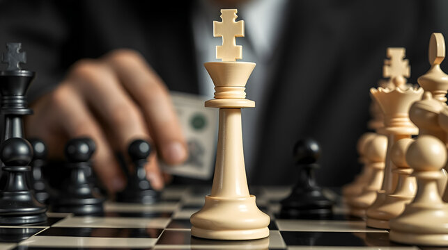 Selective focus of black and white chess king with fake cash insight. Kingmaker and cash is king concept.
