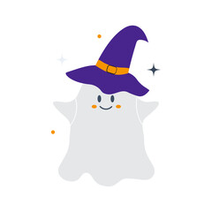 Cute halloween ghost in a lilac hat. Halloween vector character.