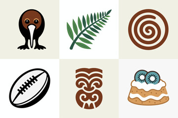 New Zealand icons grid, kiwi bird, fern leaf, koru spiral, rugby ball, tiki pattern, pavlova cake slice, cultural souvenir set, travel vector clipart, nature graphics © BlackVault Designs