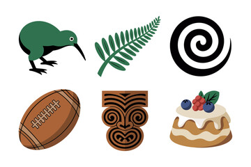 Kiwi bird and fern set, koru spiral and rugby ball, tiki carving and pavlova cake, New Zealand icons, cultural souvenir vector, travel clipart, nature theme