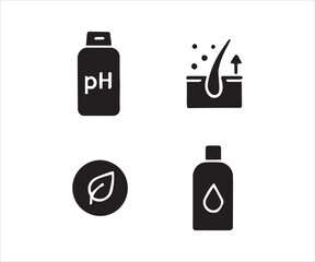 Shampoo and Hair Care Product Icons for Healthy Hair and Natural Ingredients Emphasizing pH Balance and Nourishment
