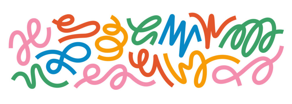 Abstract Organic Color Line Shapes. Vector Squiggle Pattern Design. Background with Fun Kid Graphics. Wave Party Color Lines Isolated on Bg.