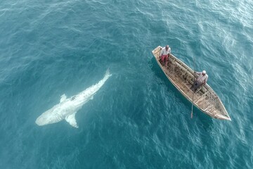 Obraz premium Two fishermen in a small wooden boat are observing a large shark swimming nearby in clear, turquoise water, creating a captivating scene of human and wildlife interaction