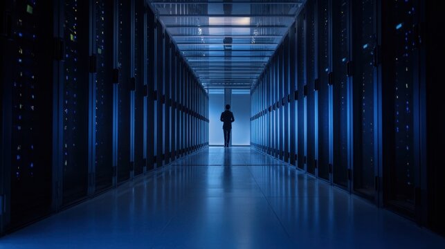 The server room illuminated by blue lights with a silhouette of an operator. - Powered by Adobe