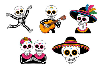 Dancing skeletons and mariachi, sombrero guitar players, cute calavera characters, day of the dead party, fiesta vector clipart set, cheerful elements